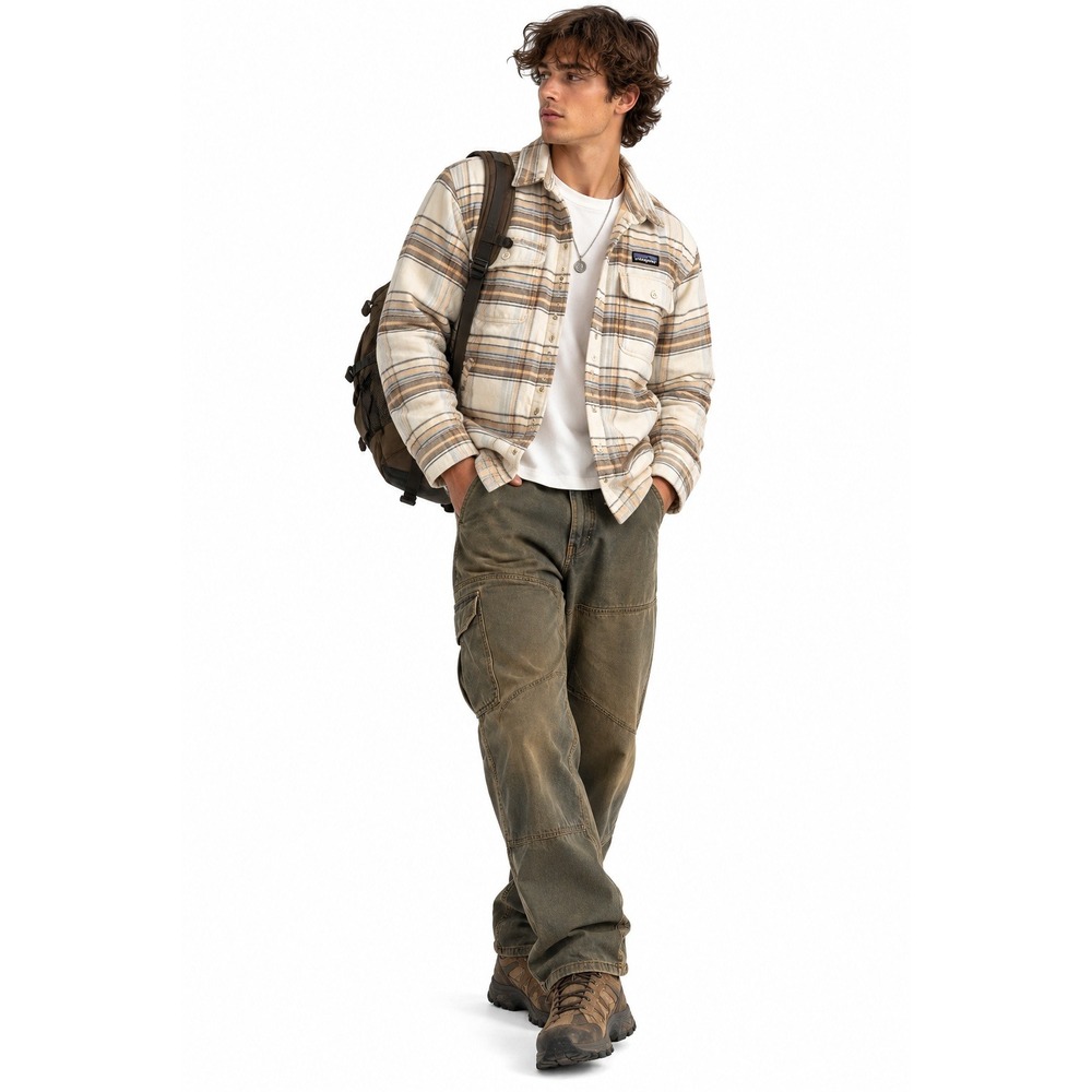 Patagonia Insulated Fjord Flannel Jacket Mens sz S Cream Tan Plaid Quilted Lined